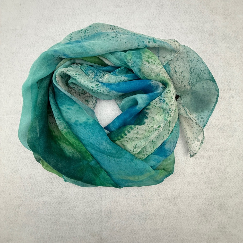 Tahari Scarf Womens One Size Teal Green Watercolor Silk Lightweight Sheer
